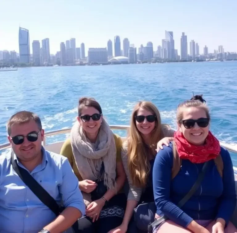 A serene image of travelers enjoying a boat tour on the Caspian Sea, with the modern skyline of Baku in the background.