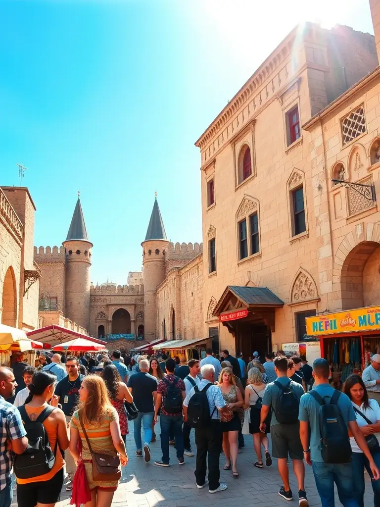 A vibrant photo of tourists exploring the Icheri Sheher (Old City) in Baku, Azerbaijan, showcasing the historical architecture and bustling atmosphere.