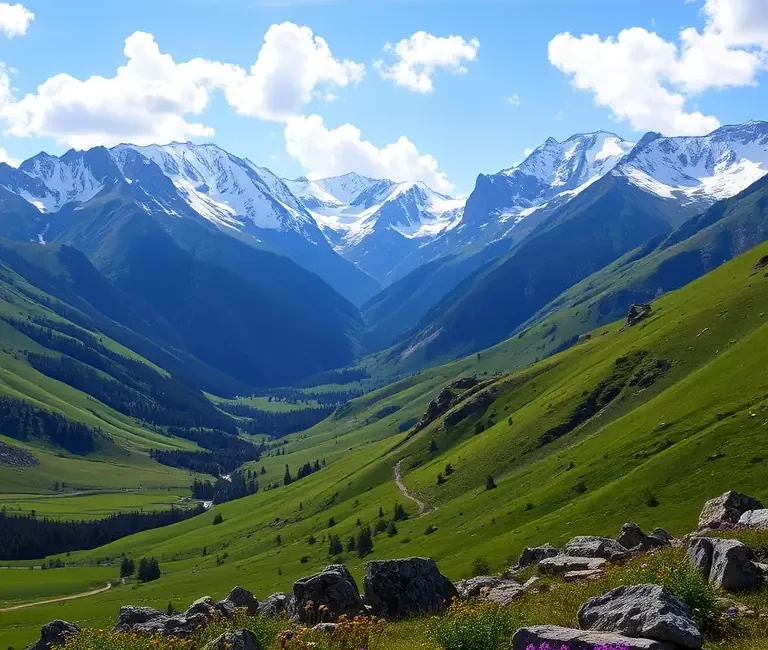 A picturesque view of the Caucasus Mountains in Azerbaijan, showcasing the lush greenery and snow-capped peaks.